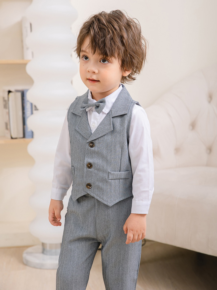 Boys Formal Outfit 3-Piece Set with Shirt Vest Pants Bow Tie Navy Light Blue for Weddings Parties Special Occasions Toddler Kids
