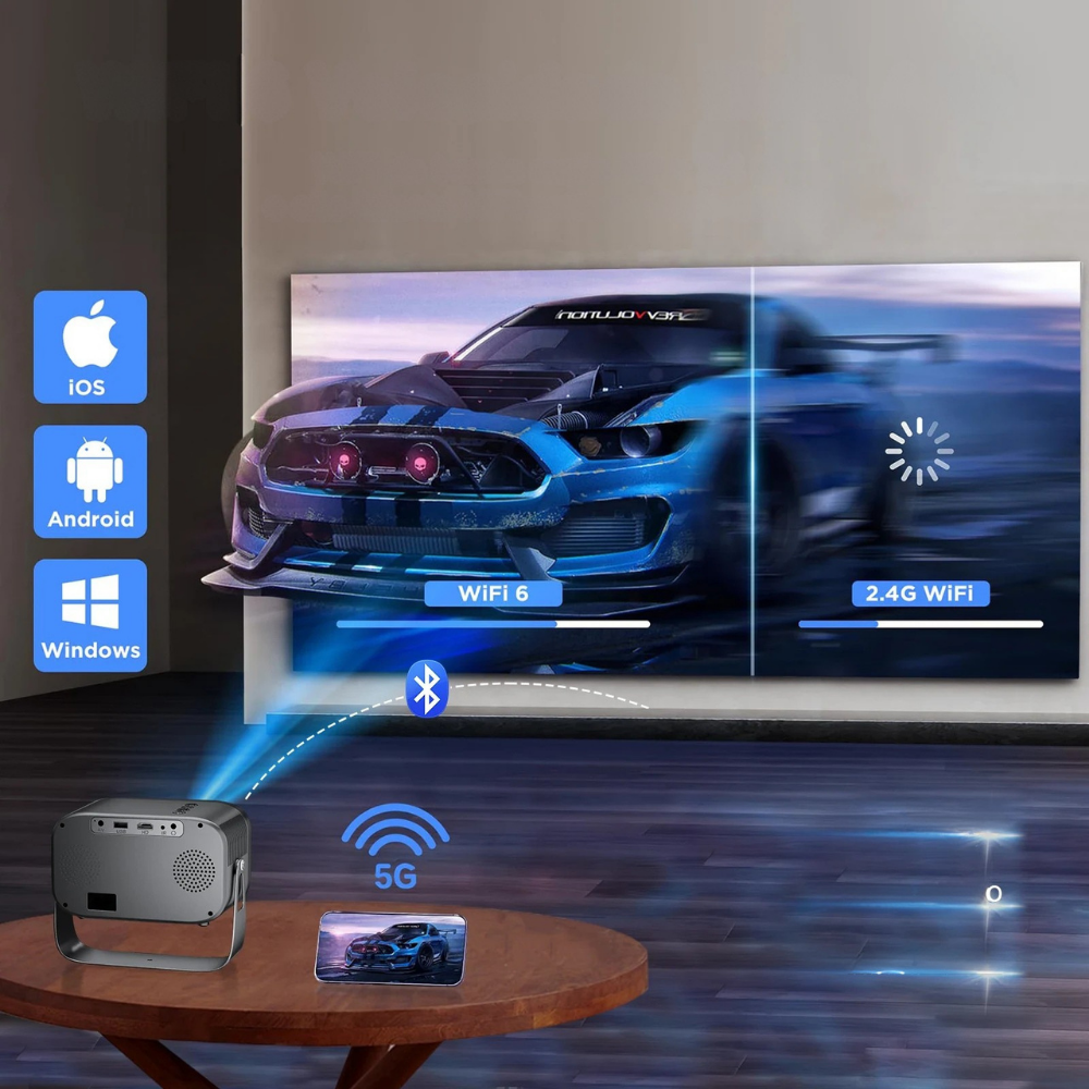 Miniproyector de entretenimiento en casa | Transmisión 4K, Bluetooth y WiFi | Diseño portátil para películas y videojuegos