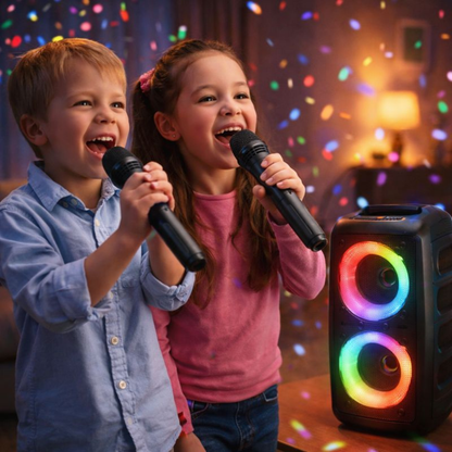 Fiesta de Karaoke | Altavoz portátil Bluetooth con dos micrófonos | Luces LED de colores para divertidas sesiones de canto