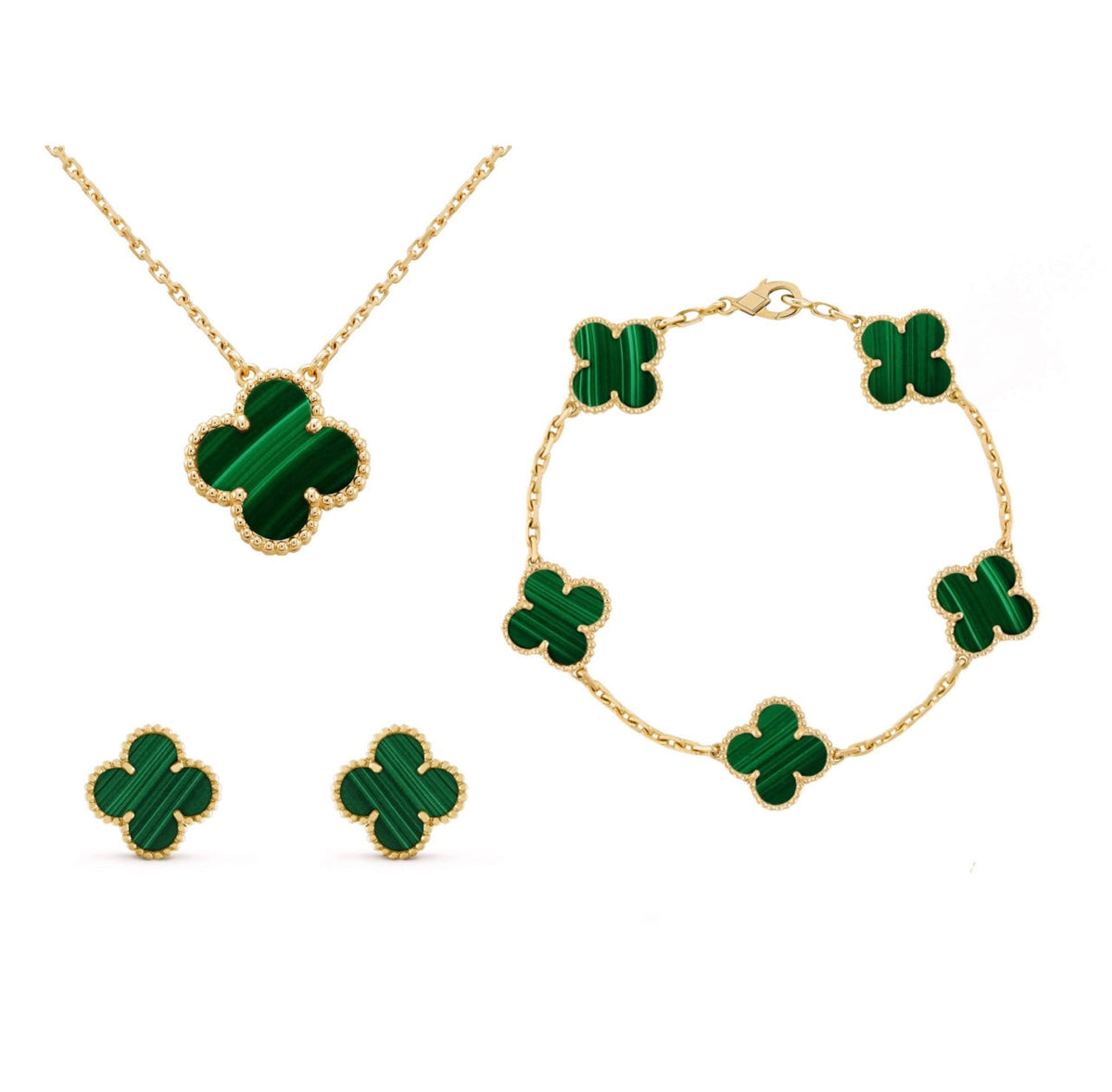 Four-Leaf Clover Jewelry Set – Necklace, Bracelet & Earrings – Gift-Ready in Luxury Box – Adjustable Fit – Nickel-Free Gold Plated Silver