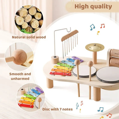 Wooden Musical Activity Center for Toddlers Rhythm Development Toy Percussion Set with Drum & Tone Bars Motor Skill Builder Ages 3+