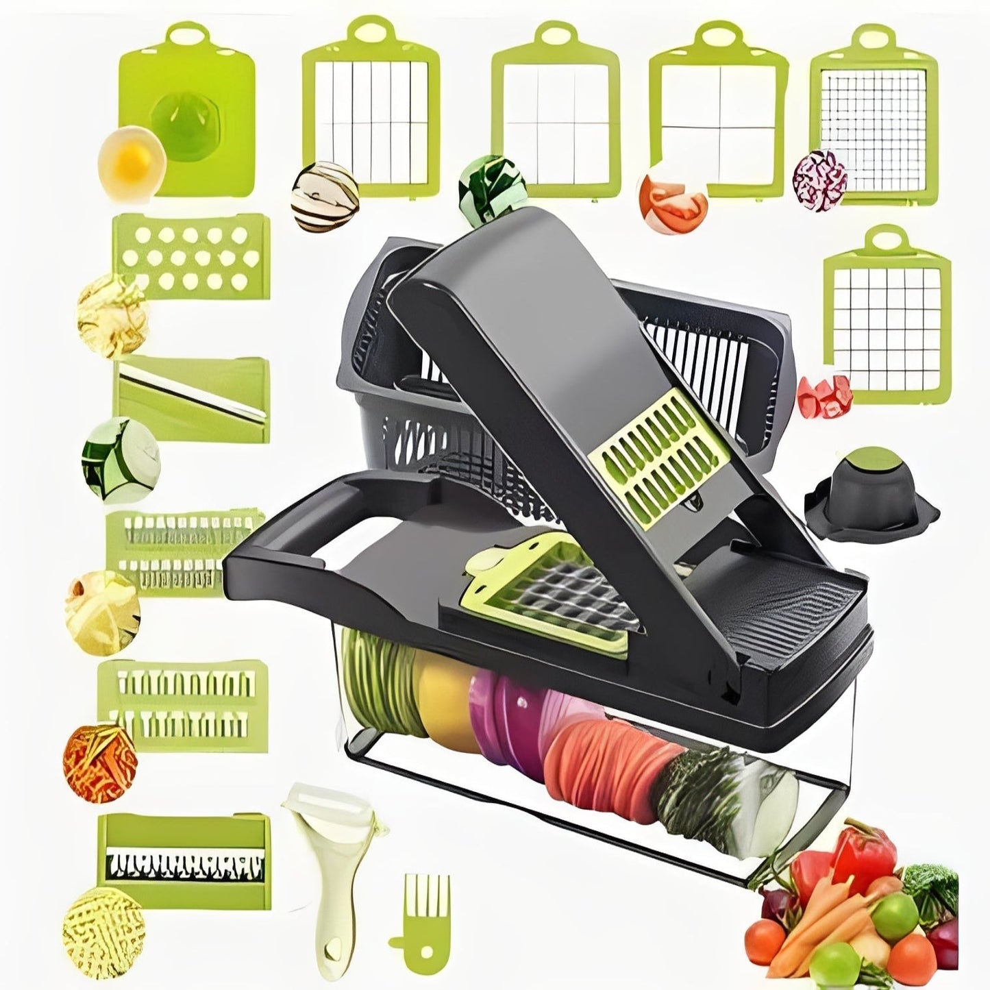 Cortador de verduras multifuncional con mango de seguridad y recipiente