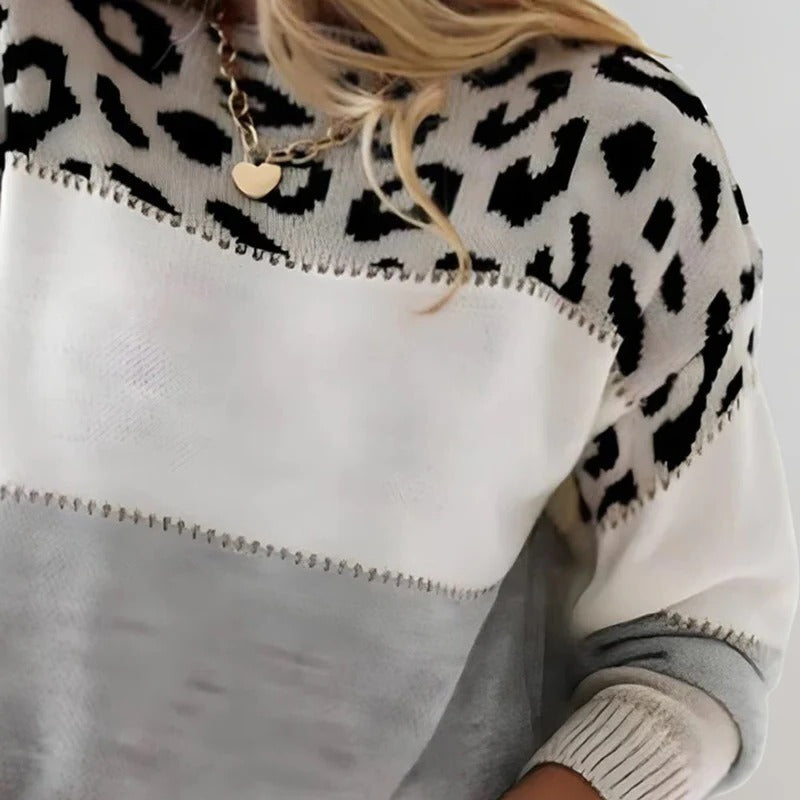 Suéter de cuello redondo con estampado de leopardo y patrón de vida silvestre
