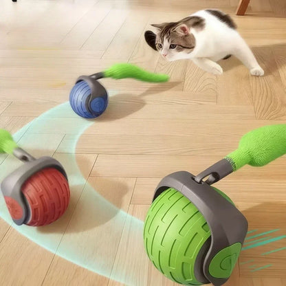 Self-Rolling Cat Ball with Feather Tail for Indoor Play – USB Rechargeable Obstacle-Sensing Pet Entertainment Toy