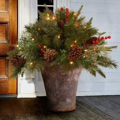 Battery-Powered LED Christmas Urn Filler with Timer – Frosted Pine Tips, Berries & Pinecones for Entryway Display