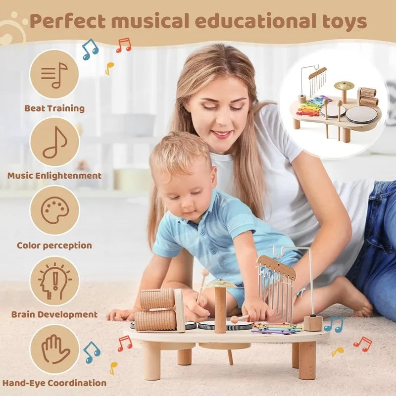 Wooden Musical Activity Center for Toddlers Rhythm Development Toy Percussion Set with Drum & Tone Bars Motor Skill Builder Ages 3+