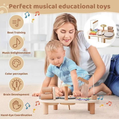 Wooden Musical Activity Center for Toddlers Rhythm Development Toy Percussion Set with Drum & Tone Bars Motor Skill Builder Ages 3+