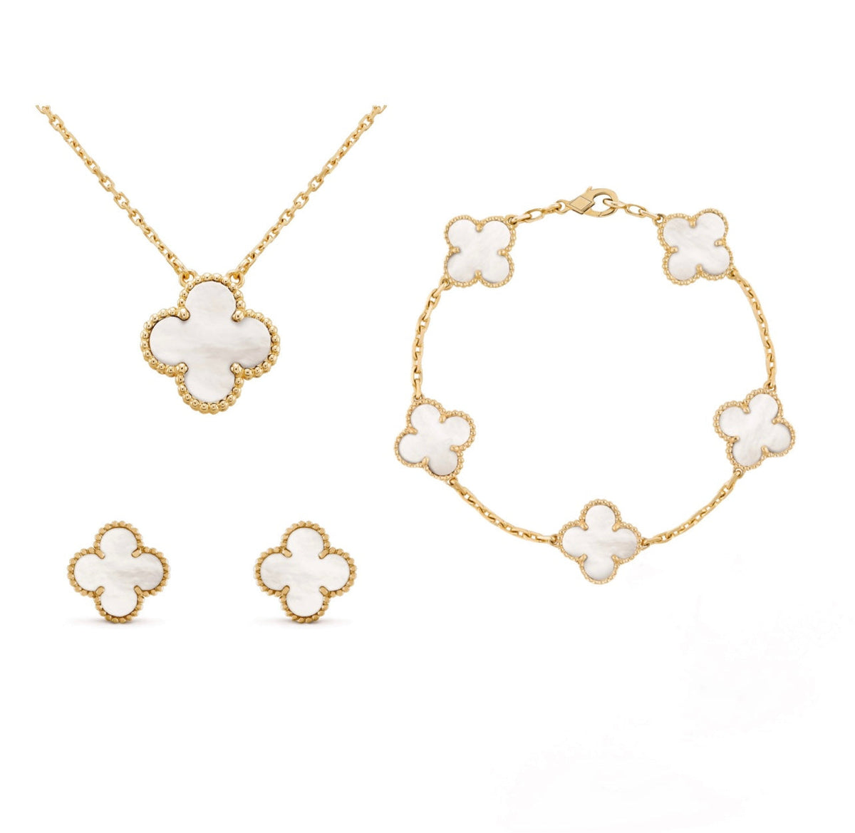 Four-Leaf Clover Jewelry Set – Necklace, Bracelet & Earrings – Gift-Ready in Luxury Box – Adjustable Fit – Nickel-Free Gold Plated Silver