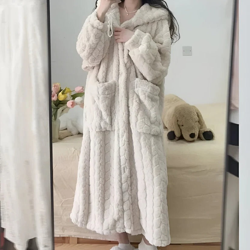 Soft Plush Hooded Robe for Women, Cozy Lounge Wear - Ortekor