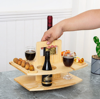 Outdoor Wine & Cheese Picnic Table Set – Folding Oak Wood Wine Holder with Glass & Snack Tray for Beach, Garden, Camping & Patio