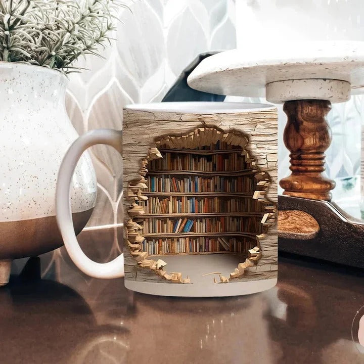 Taza de libro colorida con patrón de estantería 3D