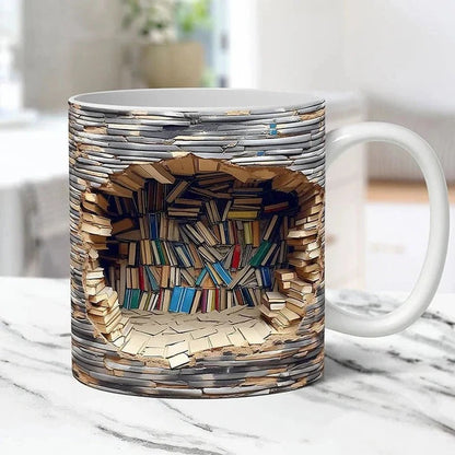 Taza de libro colorida con patrón de estantería 3D