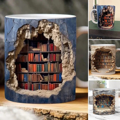 Taza de libro colorida con patrón de estantería 3D