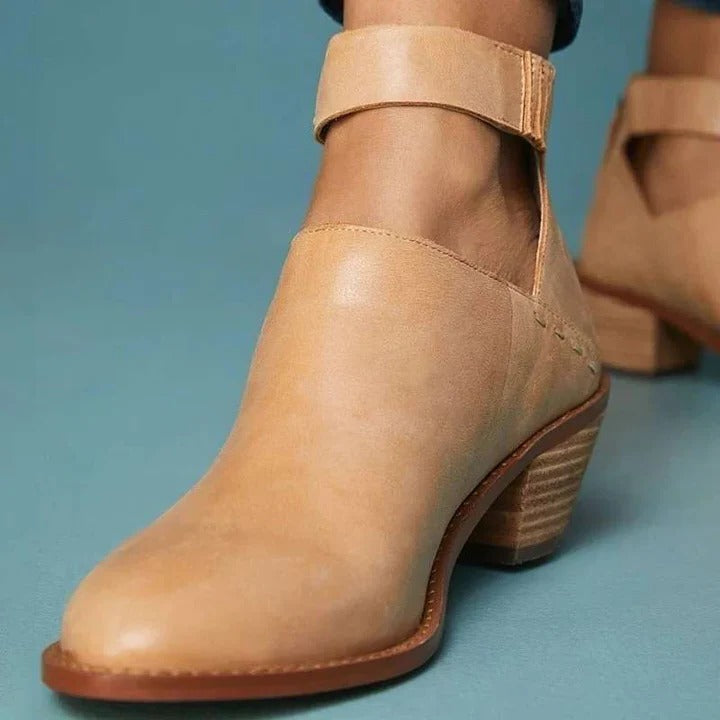 Botines de tacón bajo para mujer con tira de hebilla