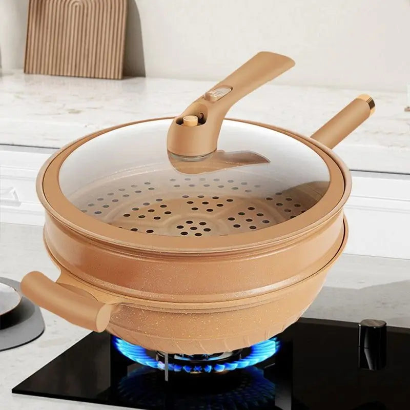 Nonstick Stir-Fry Pan with Steam Insert for Gas & Induction Cooktops – Even-Heat Cooking Wok for Healthy Meals