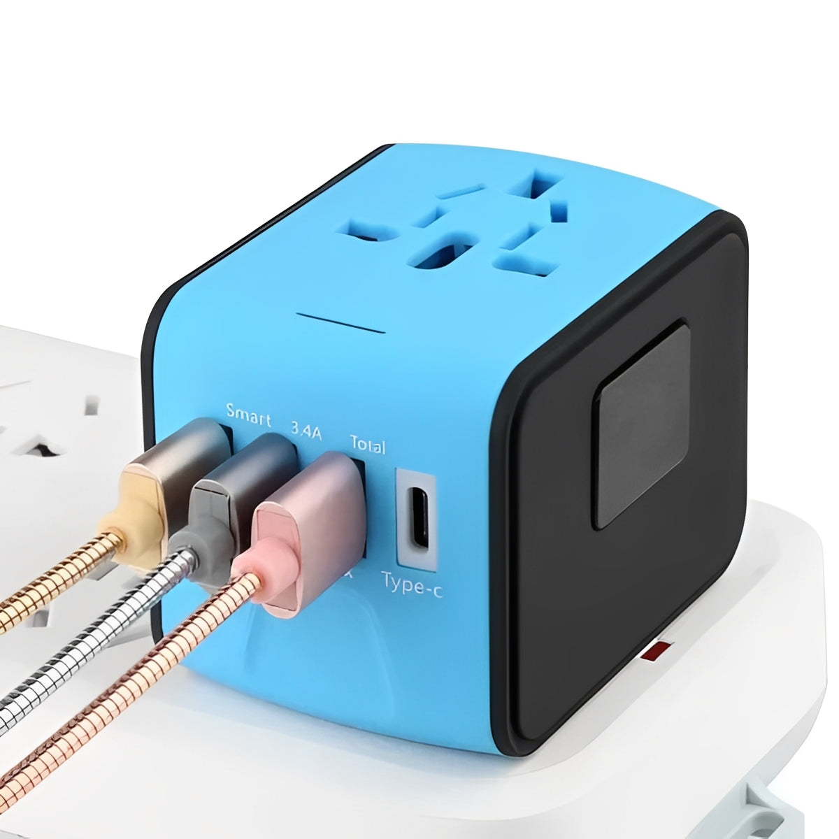 Enchufe de viaje internacional con puertos de carga USB