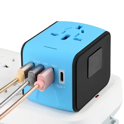 Enchufe de viaje internacional con puertos de carga USB