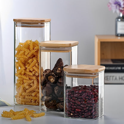 Recipiente de Vidrio Transparente con Tapa de Madera, Estilo Sencillo