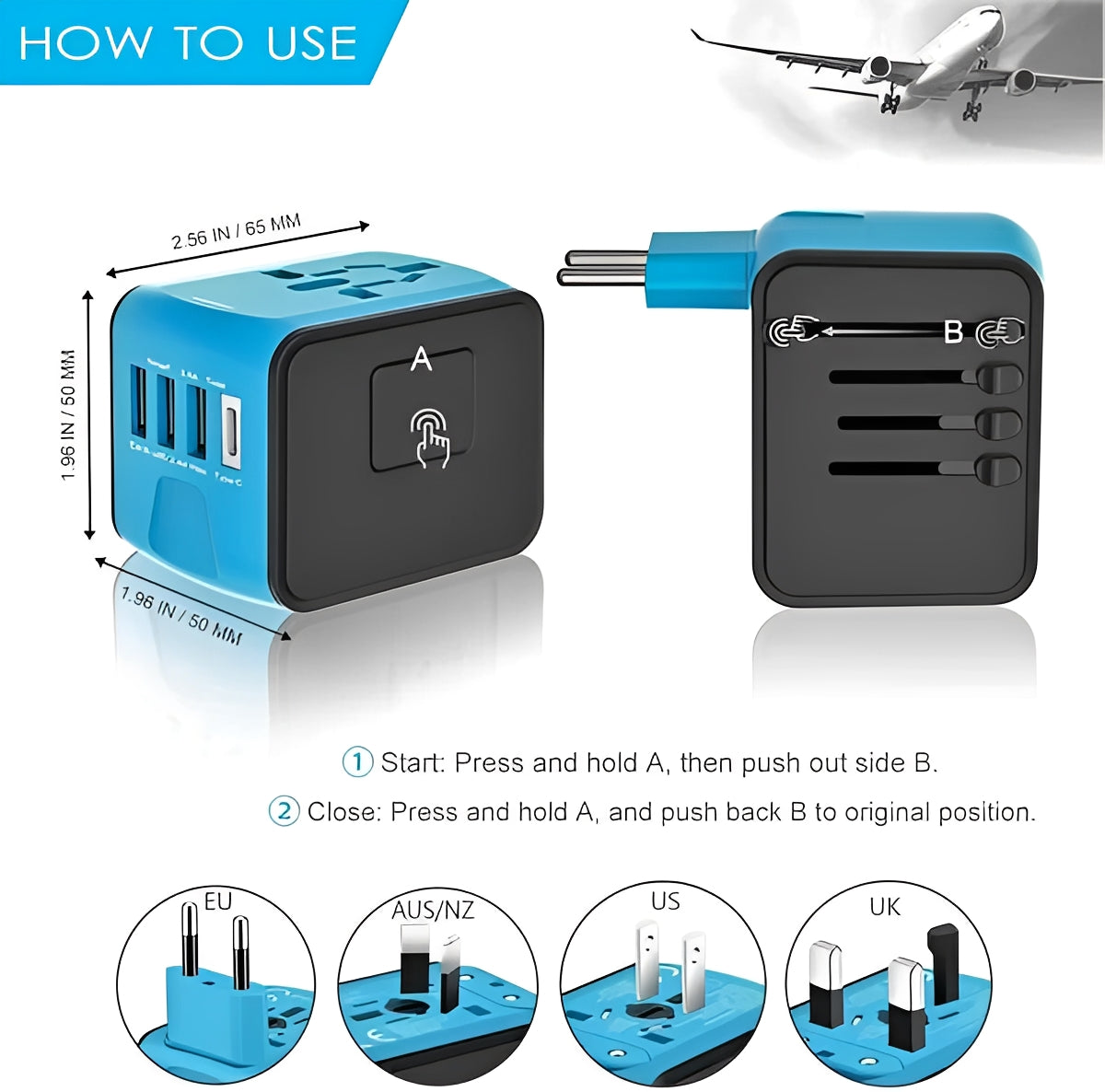 Enchufe de viaje internacional con puertos de carga USB