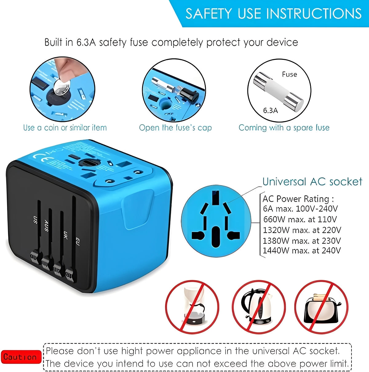 Enchufe de viaje internacional con puertos de carga USB