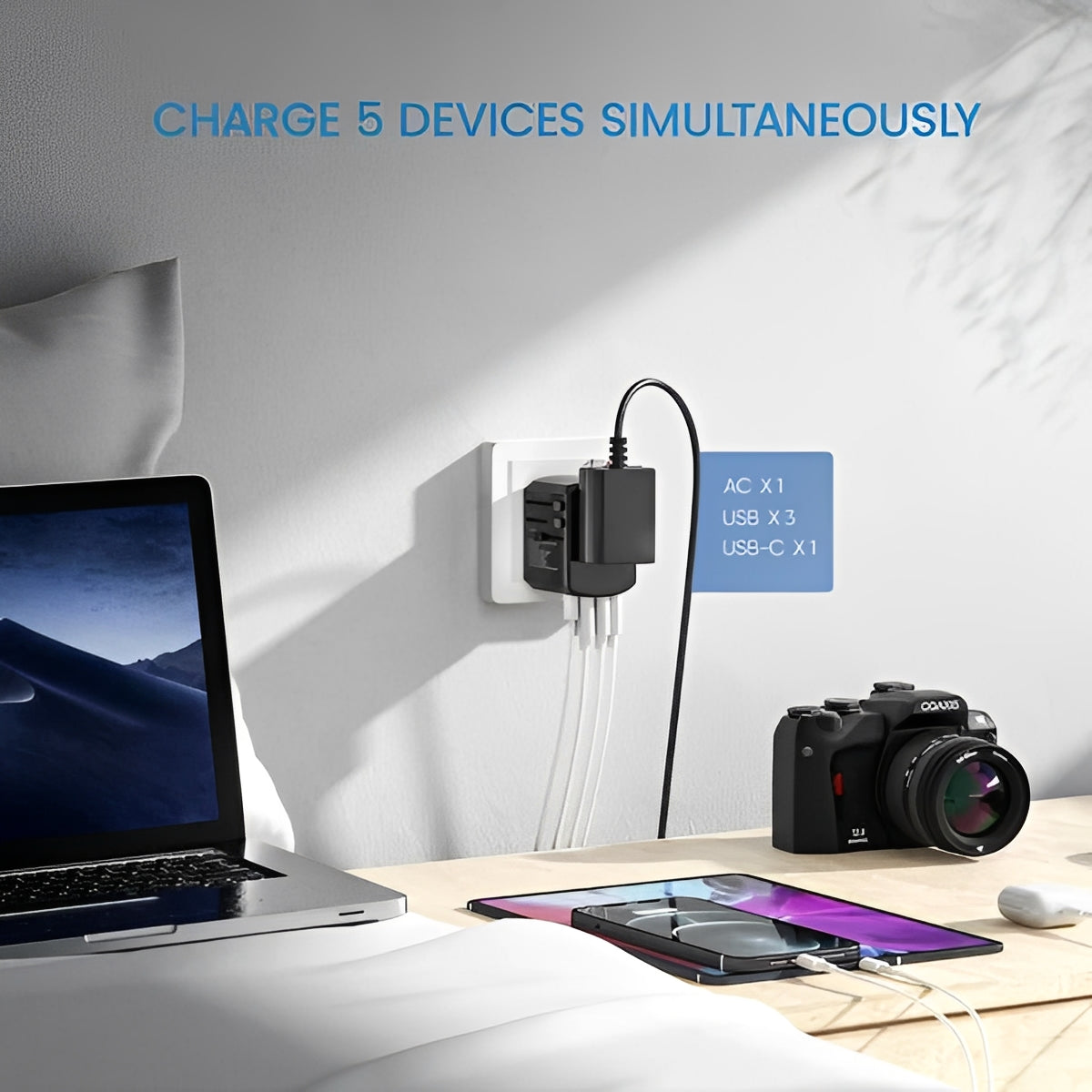 Enchufe de viaje internacional con puertos de carga USB