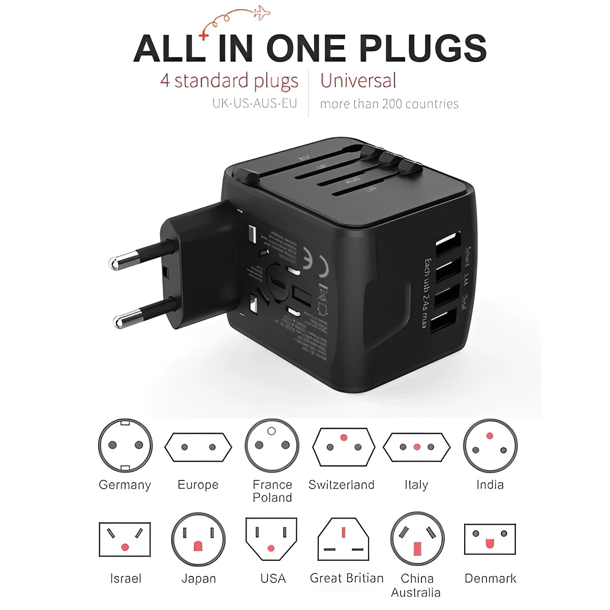 Enchufe de viaje internacional con puertos de carga USB