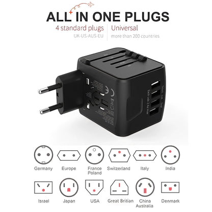 Enchufe de viaje internacional con puertos de carga USB
