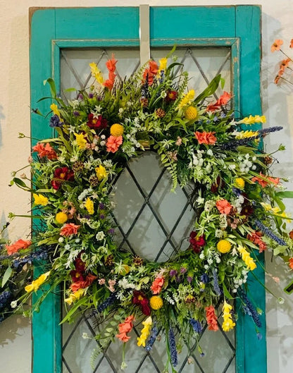 Corona de flores silvestres de Texas | Corona decorativa hecha a mano con vibrantes flores de seda | Perfecta para la decoración de primavera y verano