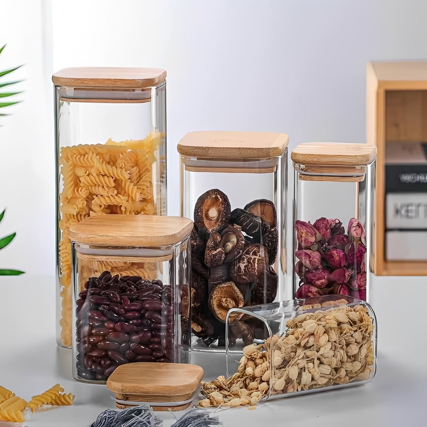 Recipiente de Vidrio Transparente con Tapa de Madera, Estilo Sencillo