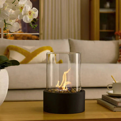 Chimenea de interior compacta con estructura de cristal y metal