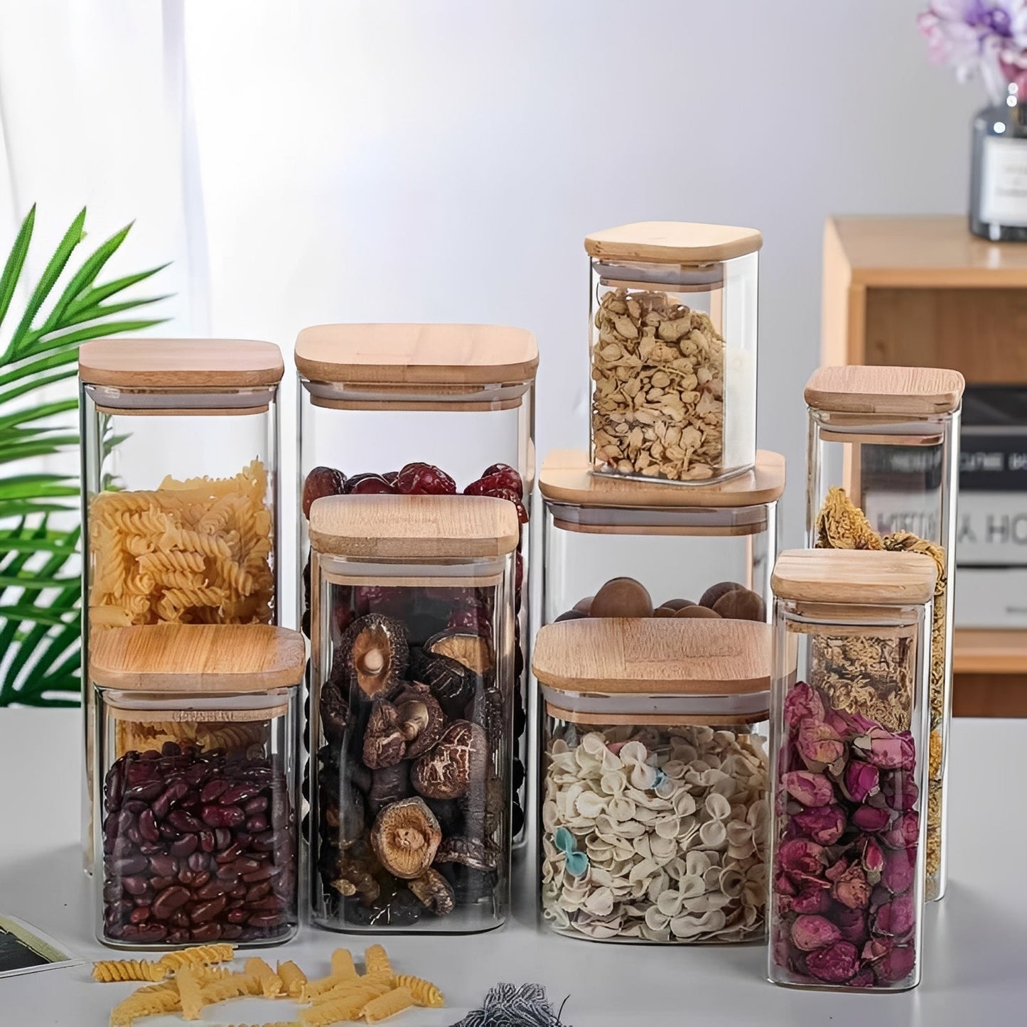 Recipiente de Vidrio Transparente con Tapa de Madera, Estilo Sencillo