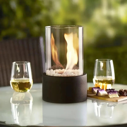 Chimenea de interior compacta con estructura de cristal y metal