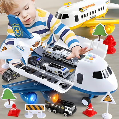 Giant Push-Powered Cargo Airplane Playset with Emergency Vehicles & Traffic Signs for Ages 3-12