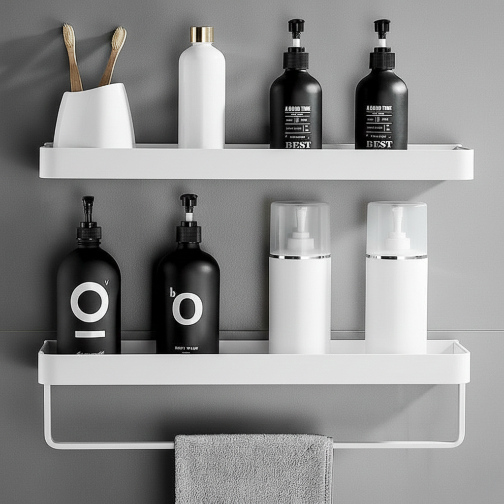 No-Drill Aluminum Bathroom Shelf – Space-Saving Wall Organizer for Shampoo & Toiletries