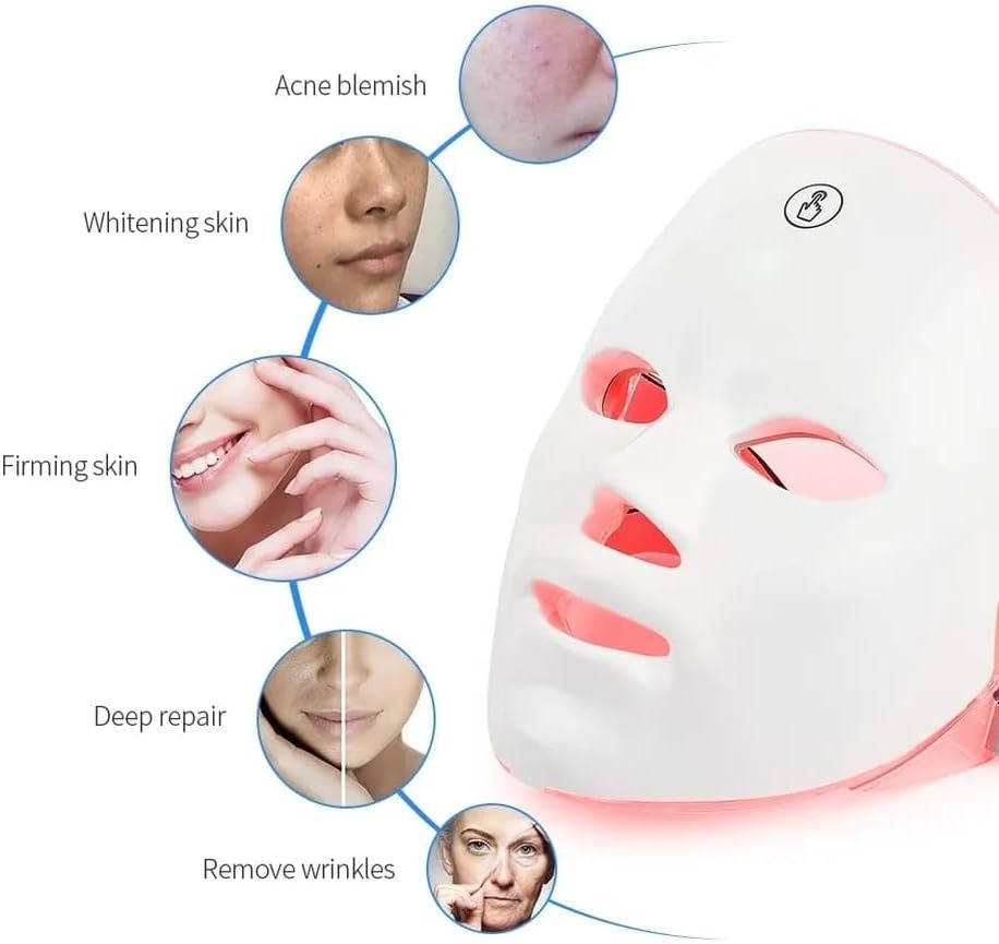 Mascarilla facial LED recargable de 7 colores con bandas ajustables