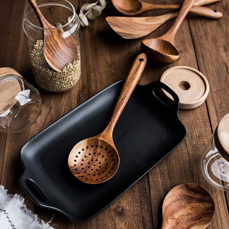 7-Piece Teak Wood Cooking Utensil Set – Natural Kitchen Tools for Non-Stick Cookware, Eco-Friendly Spatula Ladle Turner Spoon Collection
