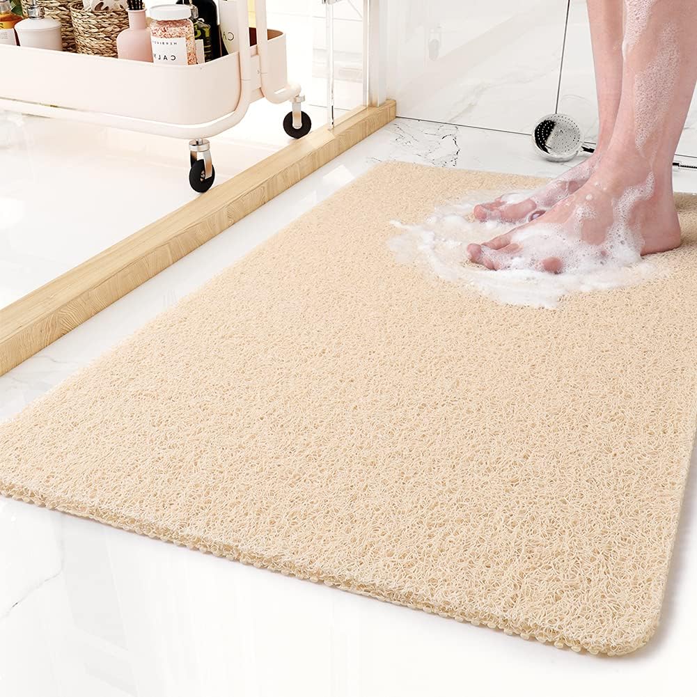 Anti-Slip Bath Mat with Fast-Draining Holes, Soft Grip Texture, Gray Vinyl Surface for Wet Floors, Customizable Trimming for Showers, Bathro