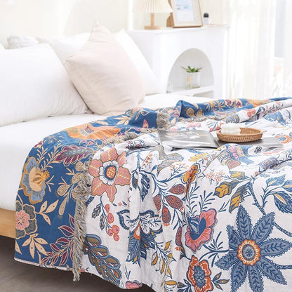 Reversible Floral Cotton Throw Blanket with Tassels – Jacquard Woven All-Season Sofa Throw for Living Room & Bedroom Decor