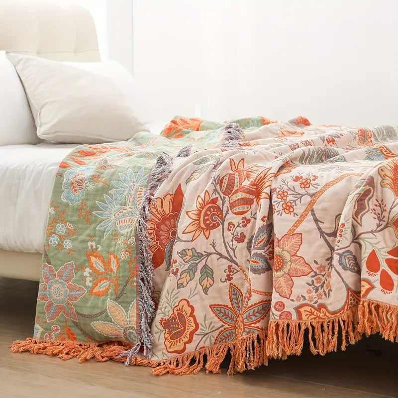 Cotton Throw Blanket with Fringe Tassels Floral Pattern Orange Blue Cream Bohemian Style Couch Sofa Bed Home Decor for Living Room Bedroom