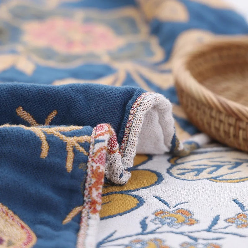 Reversible Floral Cotton Throw Blanket with Tassels – Jacquard Woven All-Season Sofa Throw for Living Room & Bedroom Decor