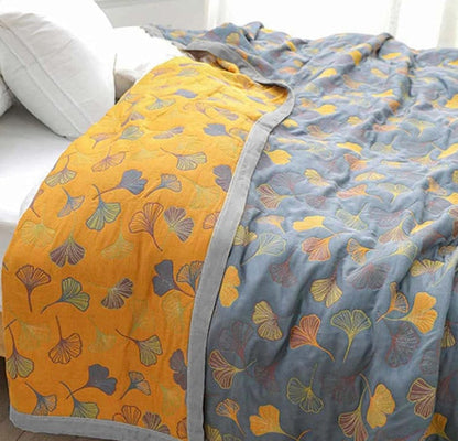 Manta Glimmer - Algodón reversible, estampado de hojas de ginkgo