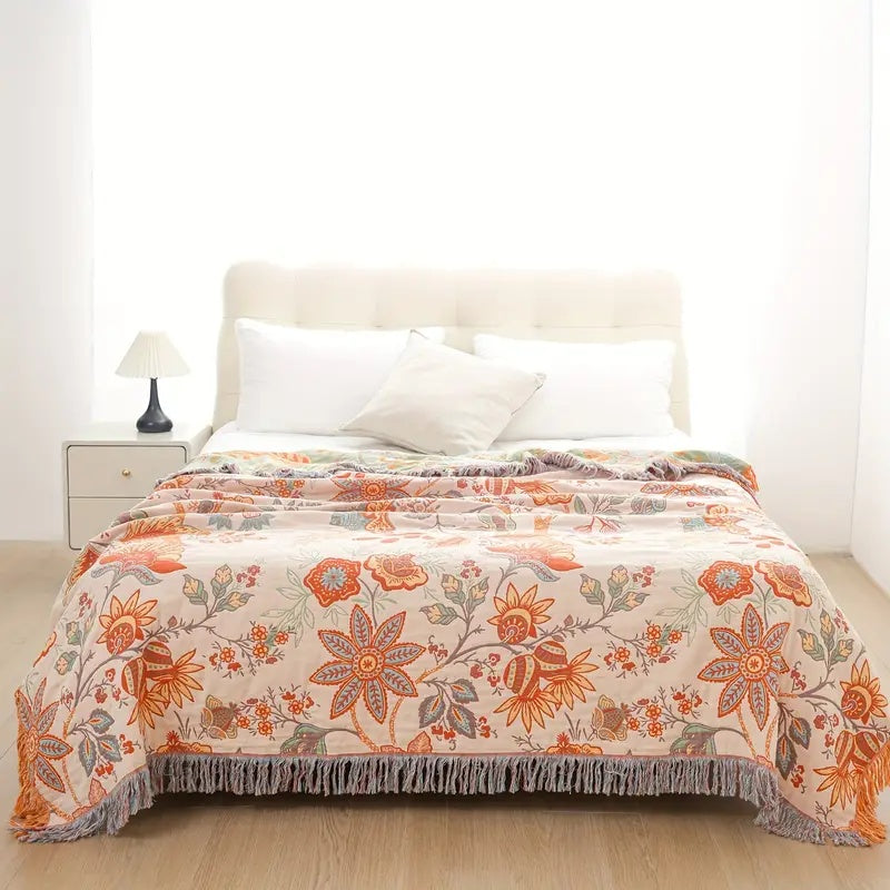Cotton Throw Blanket with Tassels Floral Pattern Cream Orange Blue for Sofa Couch Bed Living Room Bedroom Bohemian Home Decor Lightweight