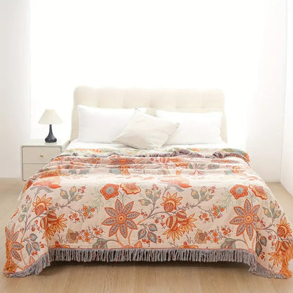 Cotton Throw Blanket with Tassels Floral Pattern Cream Orange Blue for Sofa Couch Bed Living Room Bedroom Bohemian Home Decor Lightweight