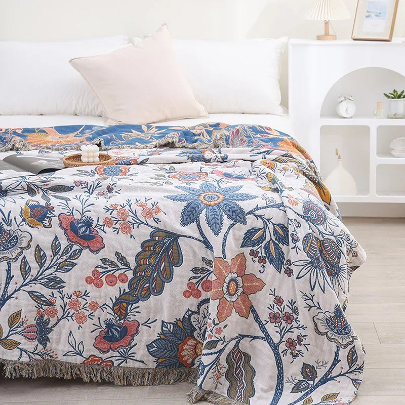 Reversible Floral Cotton Throw Blanket with Tassels – Jacquard Woven All-Season Sofa Throw for Living Room & Bedroom Decor
