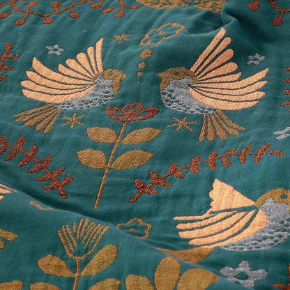 Cotton Throw Blanket Double-Sided Bird & Floral Design 100% Natural Fiber for Couch Bed Sofa Living Room Bedroom Decor Fringe Accents