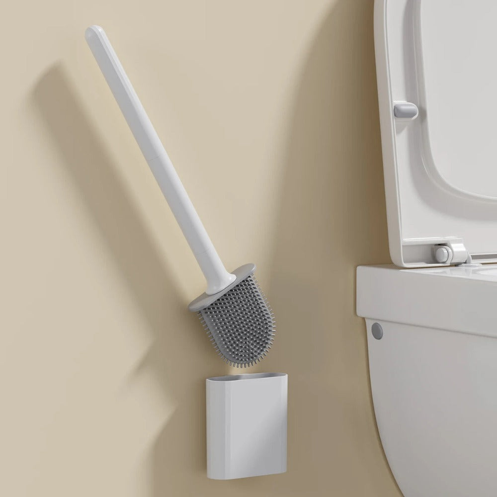Wall-Mount Silicone Toilet Brush Set White Quick-Dry Flexible Head Hygienic Bathroom Cleaner Compact Space-Saver for Guest Bath En-Suite Mod