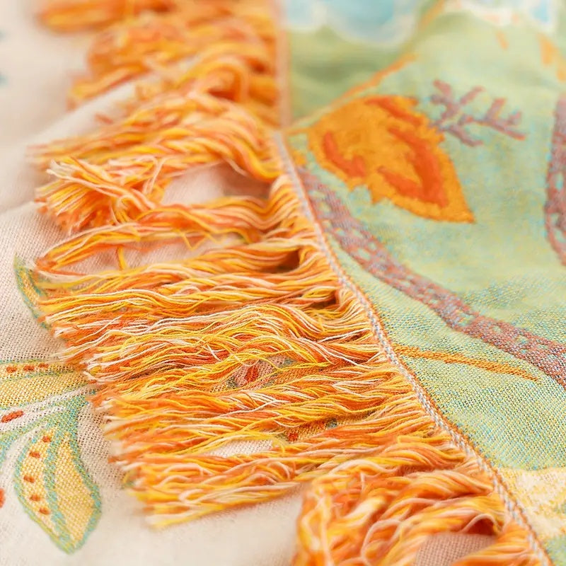 Cotton Throw Blanket with Fringe Tassels Floral Pattern Orange Blue Cream Bohemian Style Couch Sofa Bed Home Decor for Living Room Bedroom