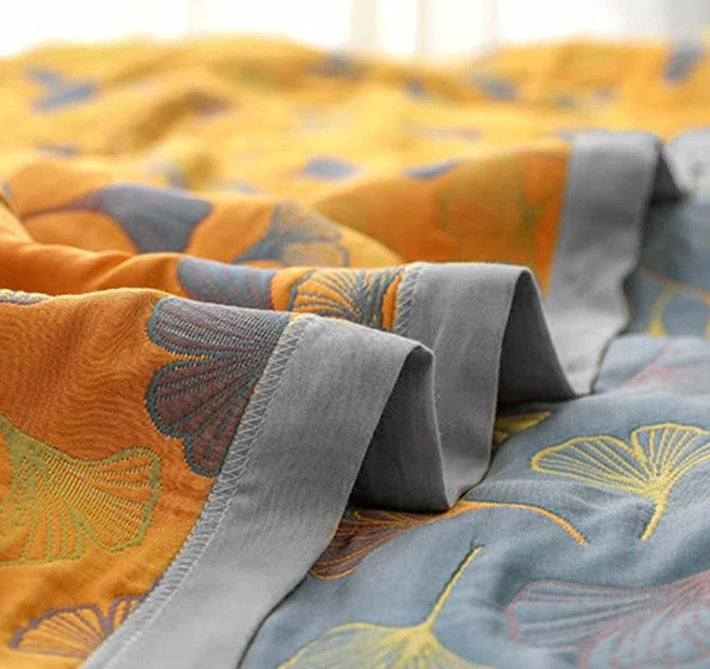 Reversible Ginkgo Leaf Throw Blanket Yellow Blue Botanical Print Soft Quilt for Couch Bed Sofa Beach Picnic Home Decor for Living Room