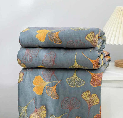 Reversible Ginkgo Leaf Throw Blanket Yellow Blue Botanical Print Soft Quilt for Couch Bed Sofa Beach Picnic Home Decor for Living Room