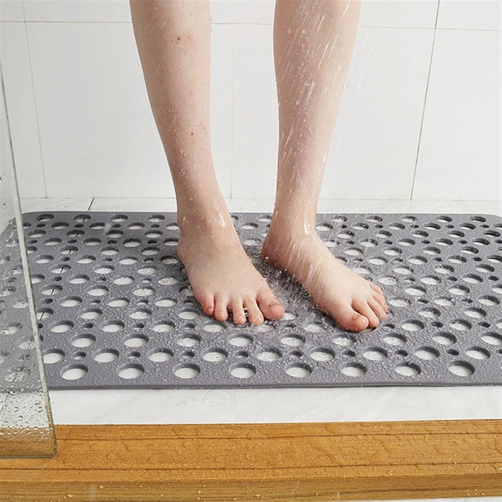 Non-Slip Bath Mat with Drainage Holes Gray 24x16 Inch PVC Quick-Dry Bathroom Safety Floor Liner for Shower Tub Wet Areas Home Spa Senior Acc